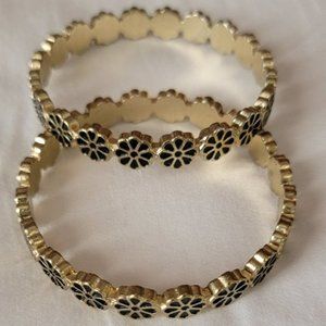 Vintage Gold Tone And Black Flower Bracelets / Bangles (Set of 2)